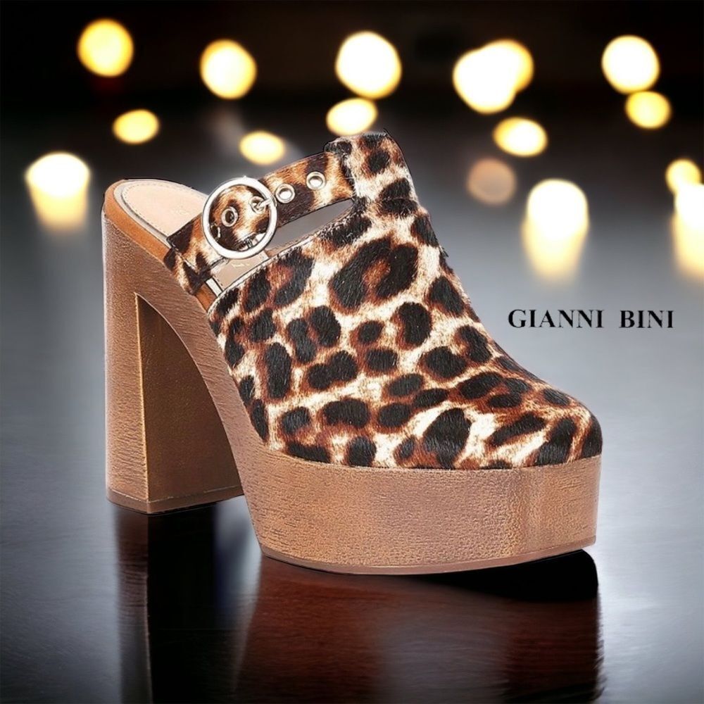 Gianni Bini SOTELO Leopard Print Calf Hair Buckle Detail Platform Clogs